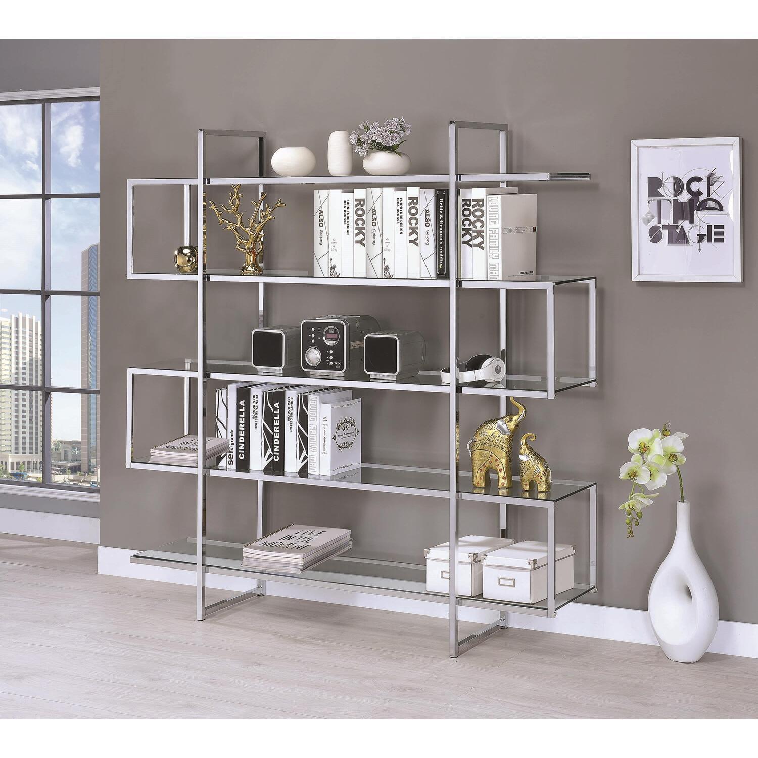 Coaster 5-shelf Contemporary Bookcase Chrome and Clear. Silver Finish