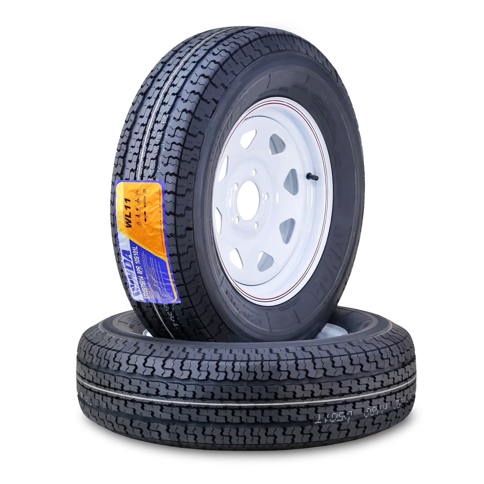 WINDA Trailer Tire Wheel Assembly ST205/75R14 8-Ply D 105L 5 Lug on 4.5  PCD White Spoke Rim ,SET 2