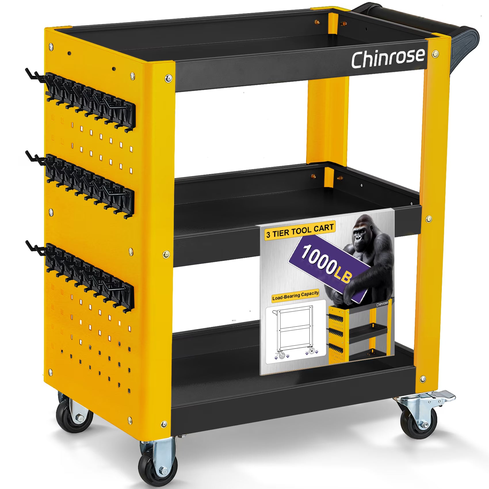 Chinrose Heavy-Duty Auto Detailing Cart, Detailing Cart With Wheels,Loads Up to 1000 lb, Black & Yellow