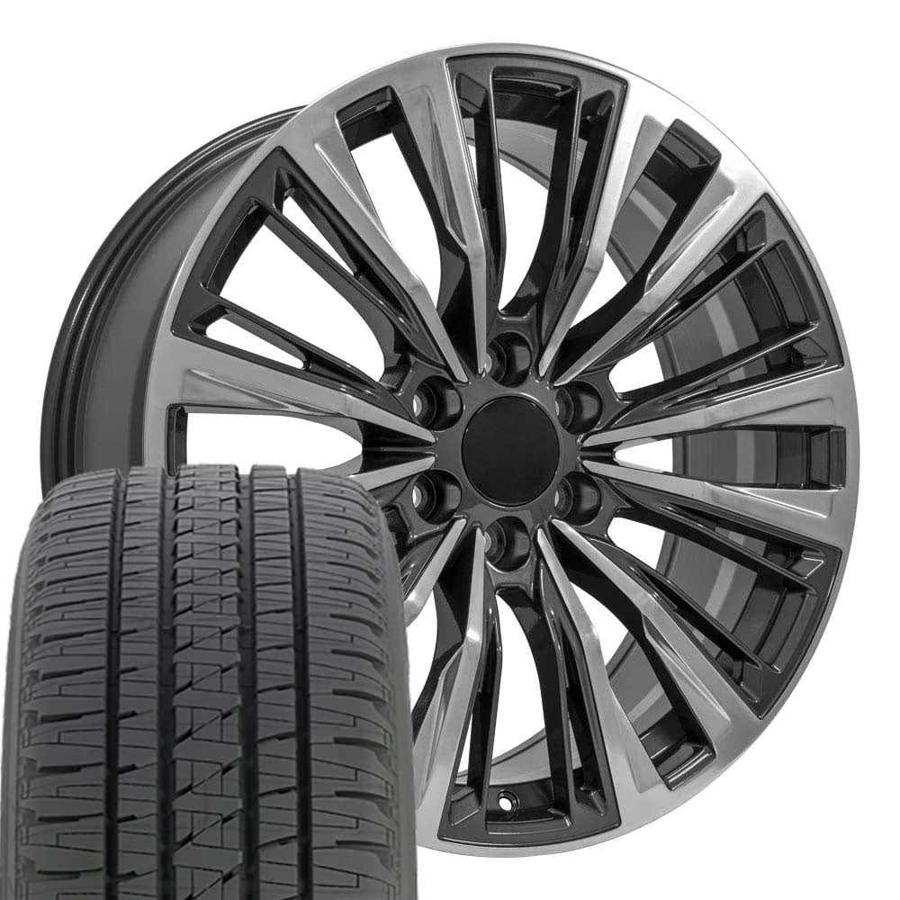 OE Wheels CA93 22 Inch Rims and Tires Fit Escalade-V Series Style 6x139.7 22x9 Gloss Gunmetal with Polished Face - Hollander 4869 - Dueler H/L Alenza 285/45-22 (Set of 4)