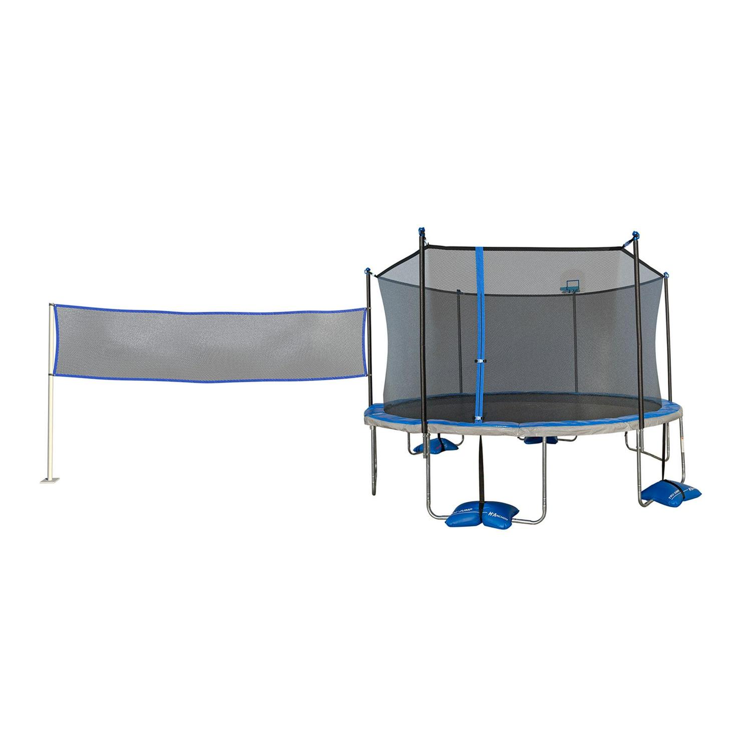Sportspower TruJump 14¡ä All-in-One Trampoline with Water Anchors. Dunk Zone Basketball Hoop System. and Badminton & Volleyball Net