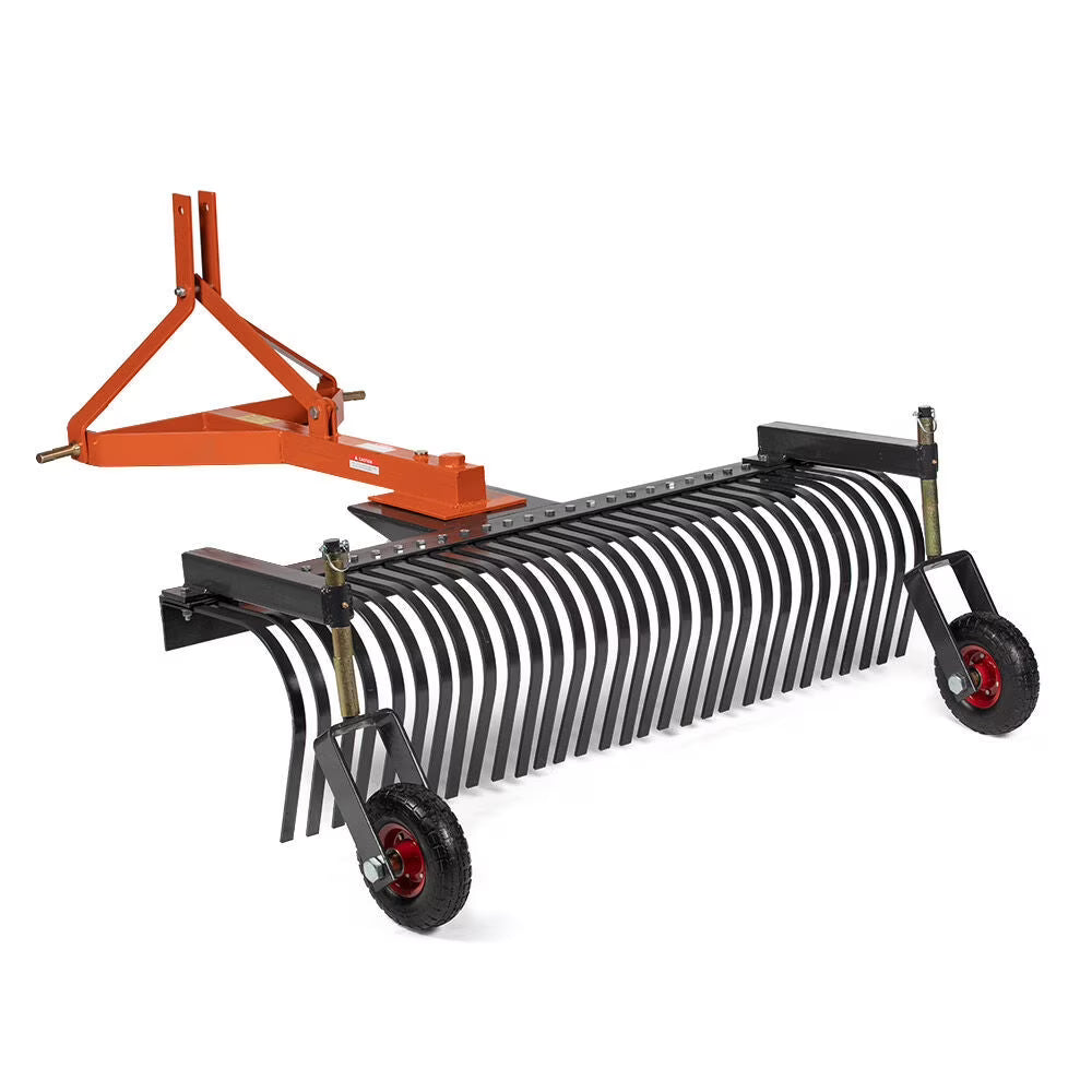Titan Attachments 3 Point 5 FT Landscape Rake with Bolt-On Wheels for Compact Tractors, Fits Category 1 Hookup, Tow-Behind Garden Tool, Landscaper, and Grass Comb