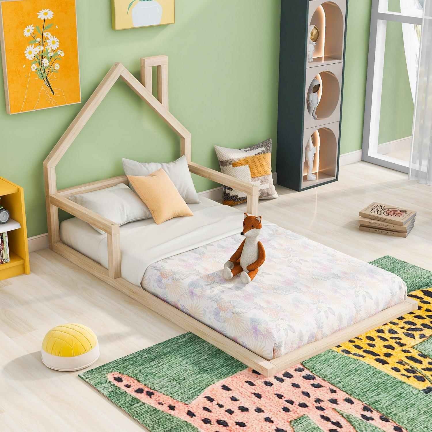 Euroco Twin Size Wood Floor Bed for Kids Room. Toddler House Bed. Natural