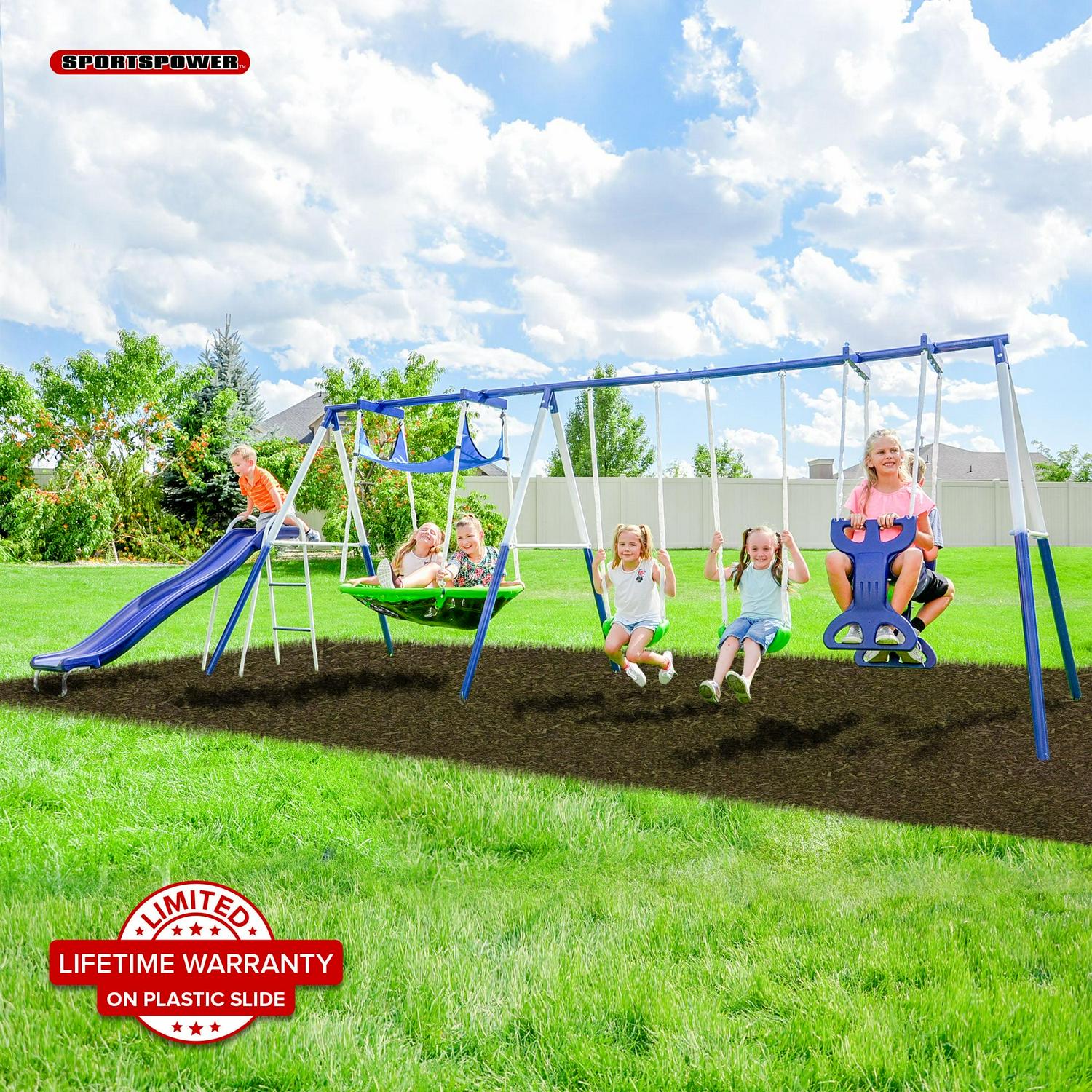 Sportspower Outdoor Rosemead Metal Swing Set with Roman Glider. Saucer. 6.5¡ä Slide with Lifetime Warranty. and Bonus Anchor Kit. Great for Kids Aged 3-8