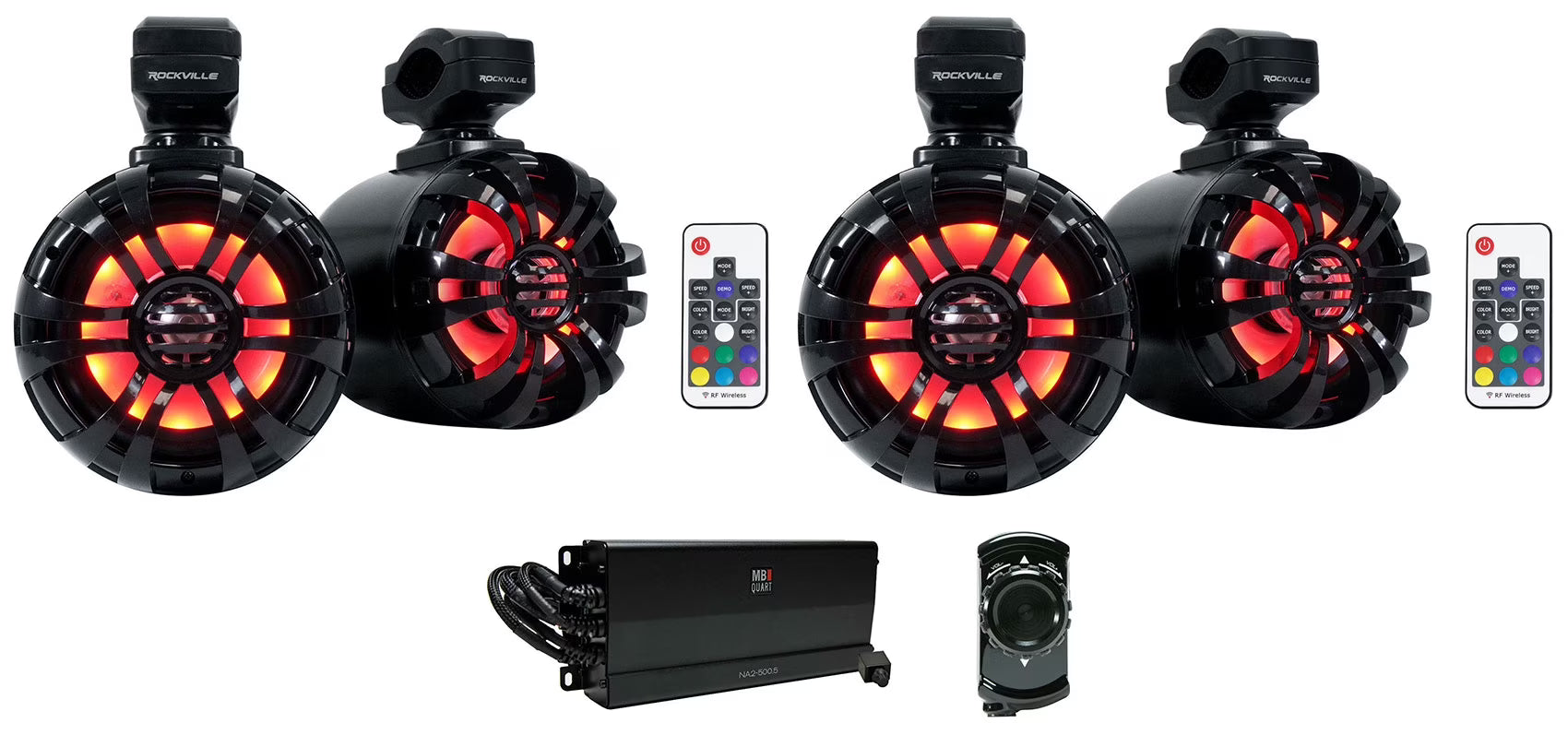 (4) Rockville 5.25  LED Black Tower Speakers+MB Quart 5-Ch Amp+Bluetooth ATV/UTV