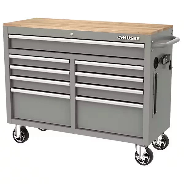 46 in. W x 24.5 in. D 9-Drawer Gloss Black Deep Tool Chest Mobile Workbench with Hardwood Top and Power Station