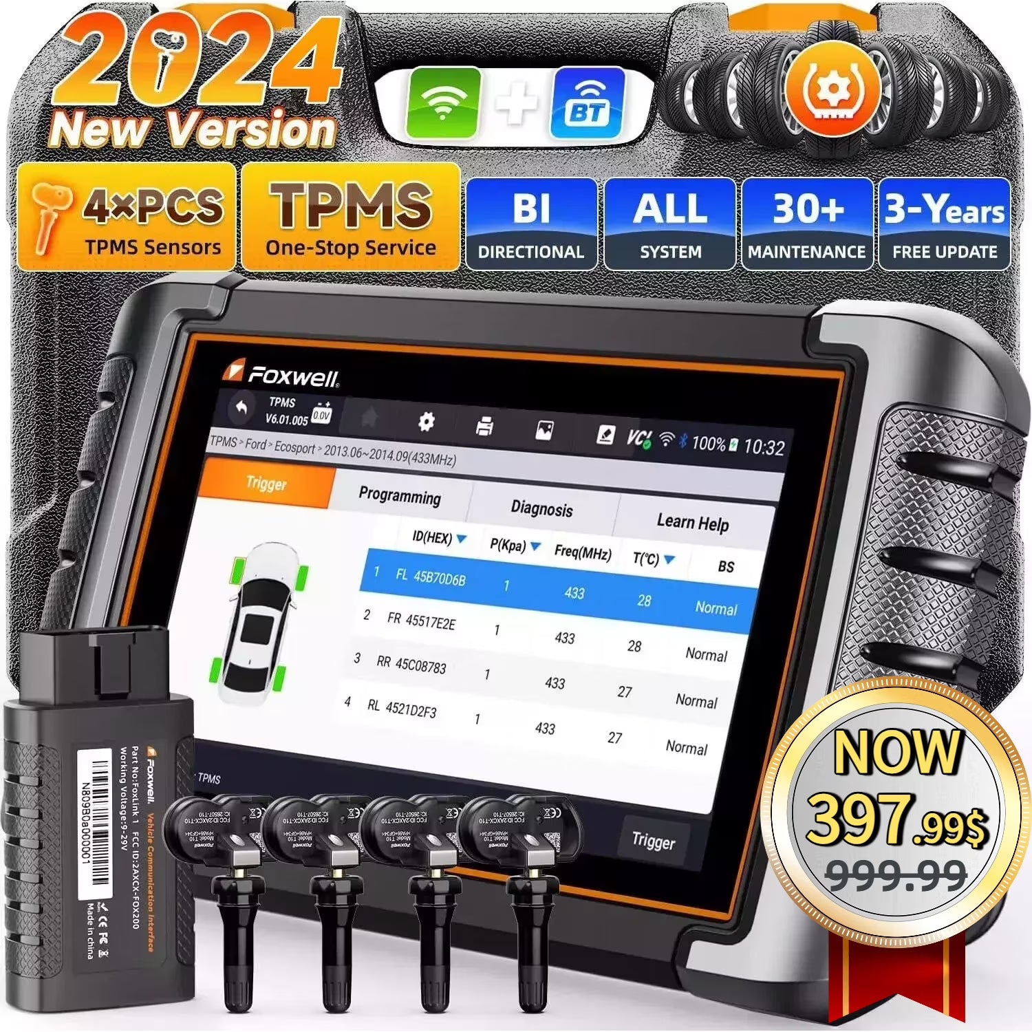 FOXWELL NT809TS TPMS Relearn Activation Tool OBD2 Scanner All Systems Bi-Directional Diagnostic Scan Tool 30+ Reset Active Test EOBD OBD Car Diagnostic Scanner TPMS Functions with 4PCS Sensors