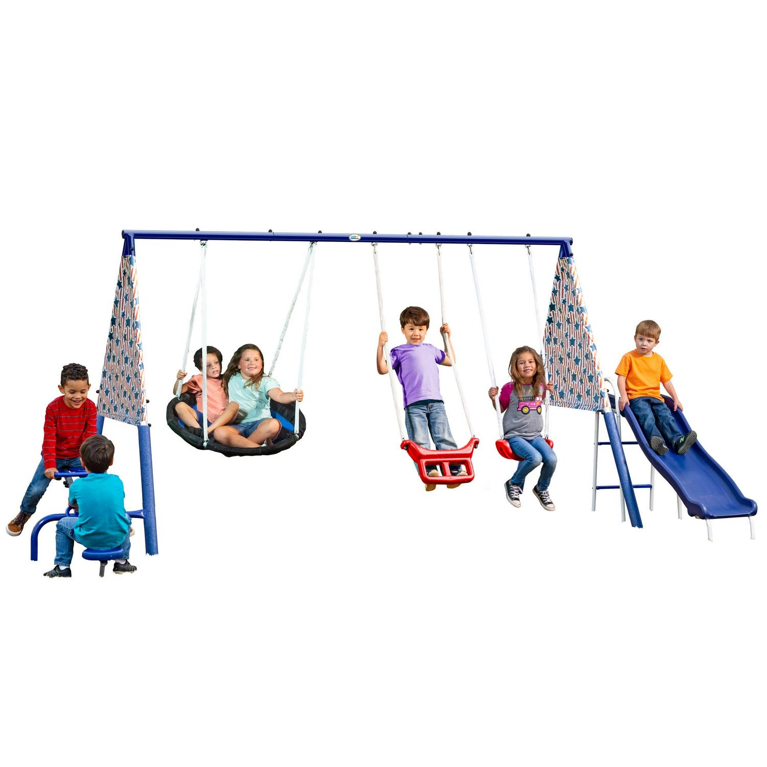 XDP Recreation Freedom Fun Metal Swing Set with Super Disc Saucer Swing. Swing. See-Saw. Slide