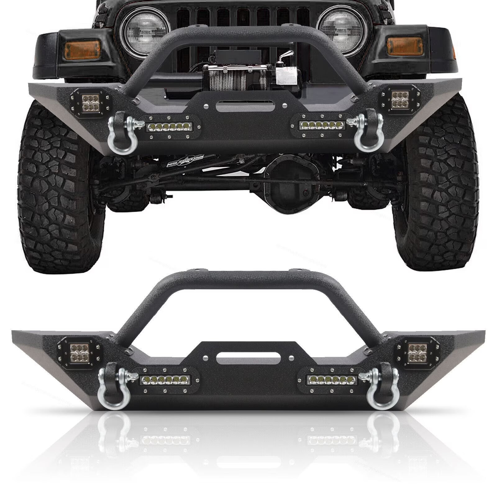 BoardRoad Front Bumper W/Led Lights Winch Plate D-Rings Fits 1987-06 Jeep Wrangler TJ YJ