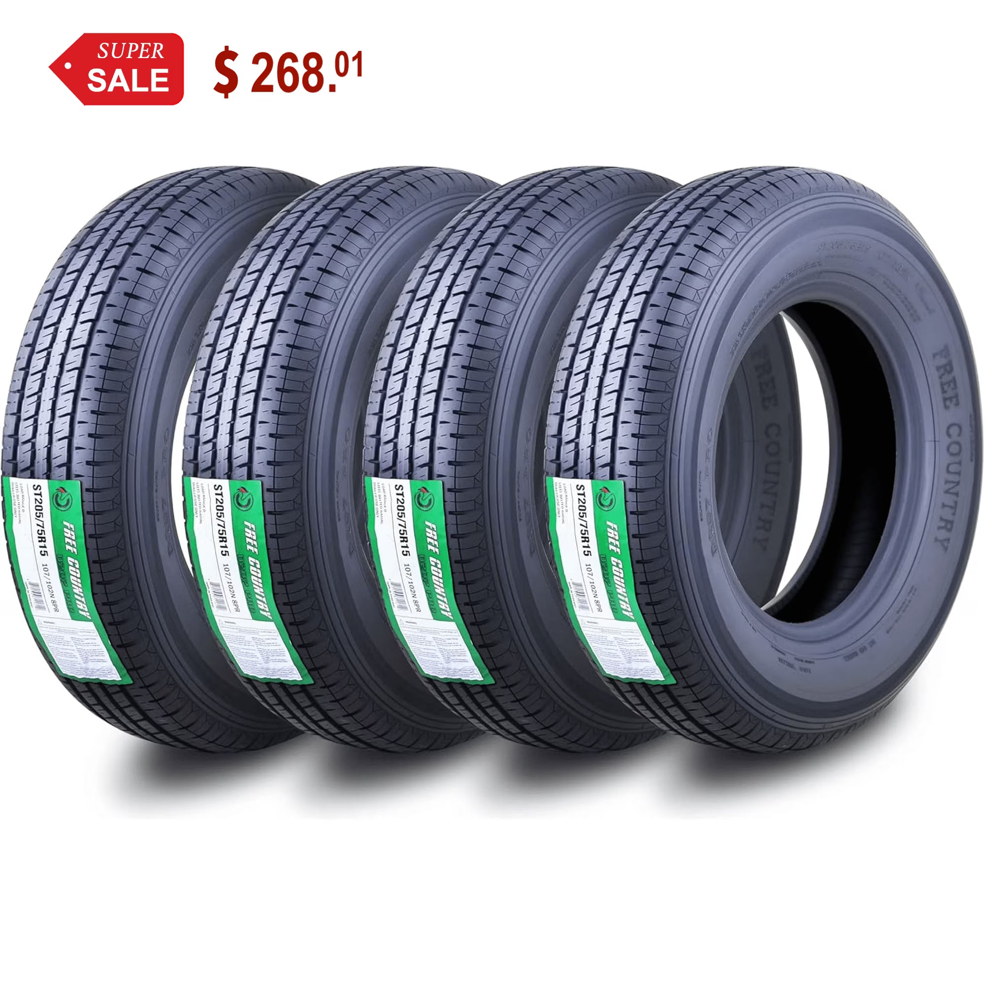 Free Country ST 205/75R15 8 Ply /Load Range D w/Scuff Guard Trailer Tires, Set of 4