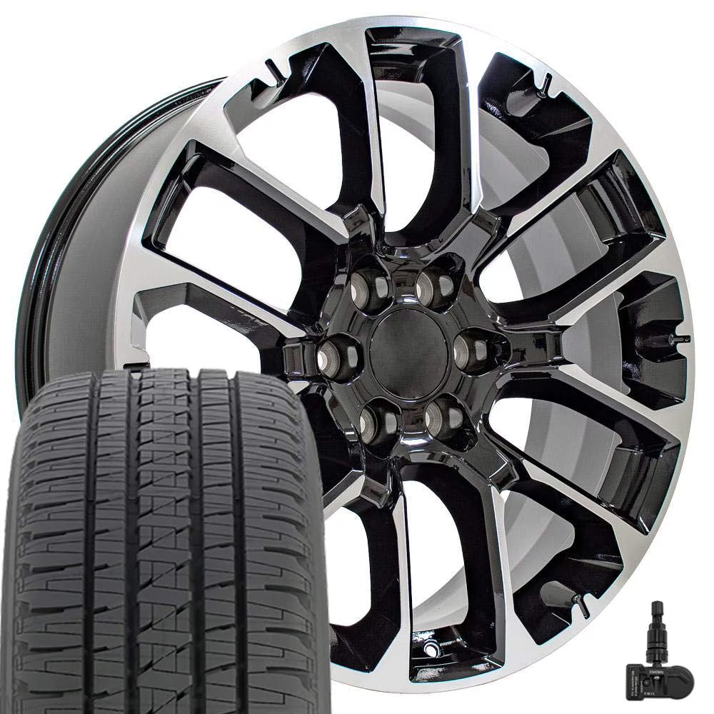 22x9 Wheels & Tires fit GM Trucks and SUVs - Chevrolet Silverado Style Chrome Insert Black Rims and Goodyear Tires, Hollander 5661 - SET