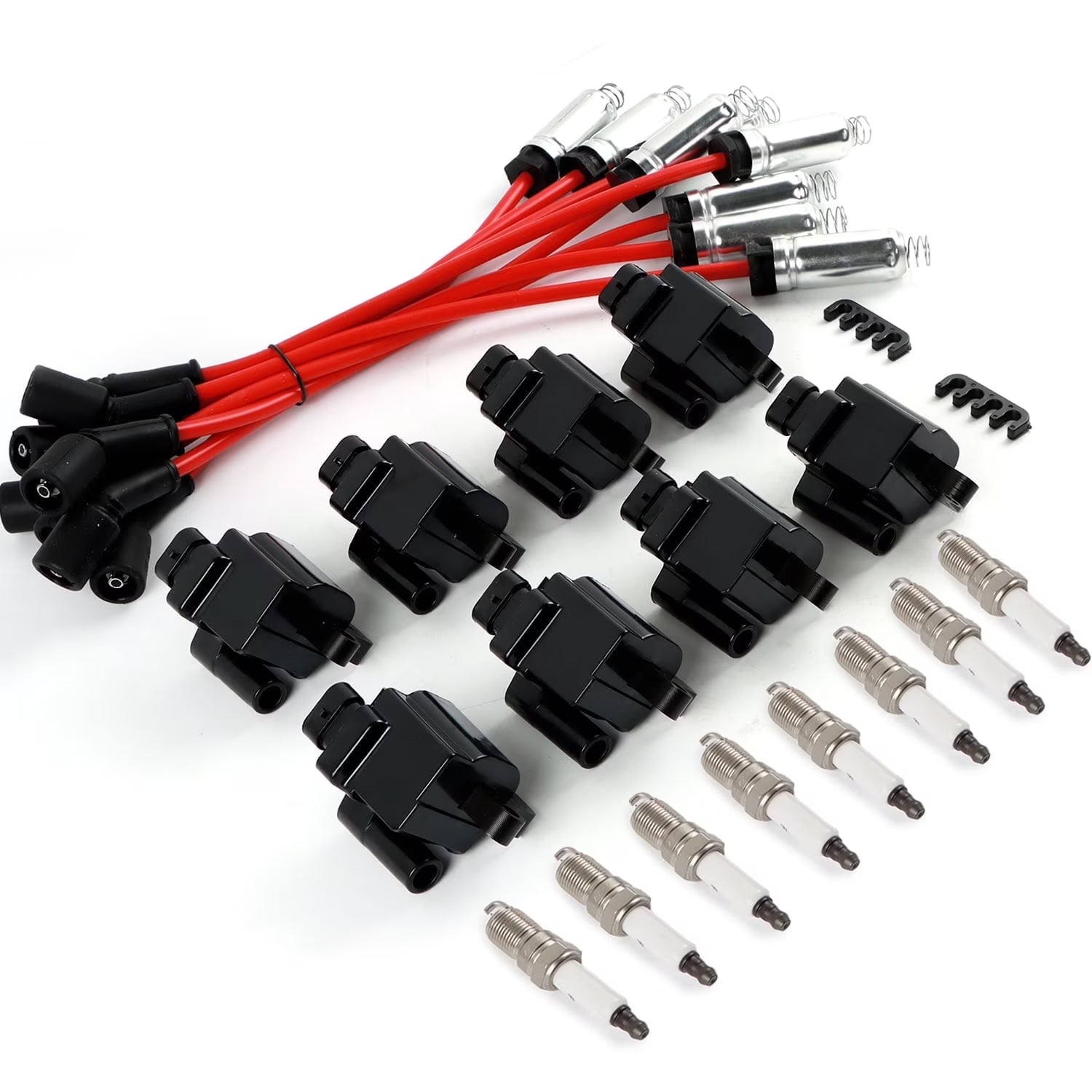 POLARPRA 8PCS UF-271 Square Ignition Coils Pack & 41-962 Platinum Spark Plugs & M8-48322R Spark Plug Wires 8mm Set Compatible GMC Cadillac 4.8L 5.3L 6.0L 8.1L Replaces# UF271 D581 1255