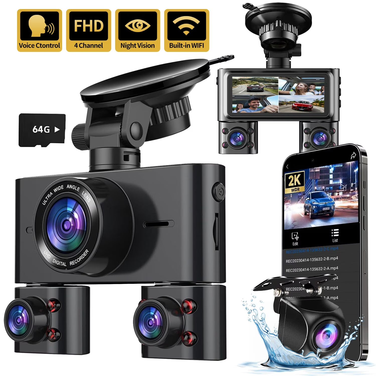 HUPEJOS Dash Cam 4 Channel, 360?? Car Camera with 64GB Card, Voice Control, 2K/1080P Dashcam for Car Front and Rear Inside, IR Night Vision, WiFi & APP Supported, Parking Mode, 3.16  IPS Screen