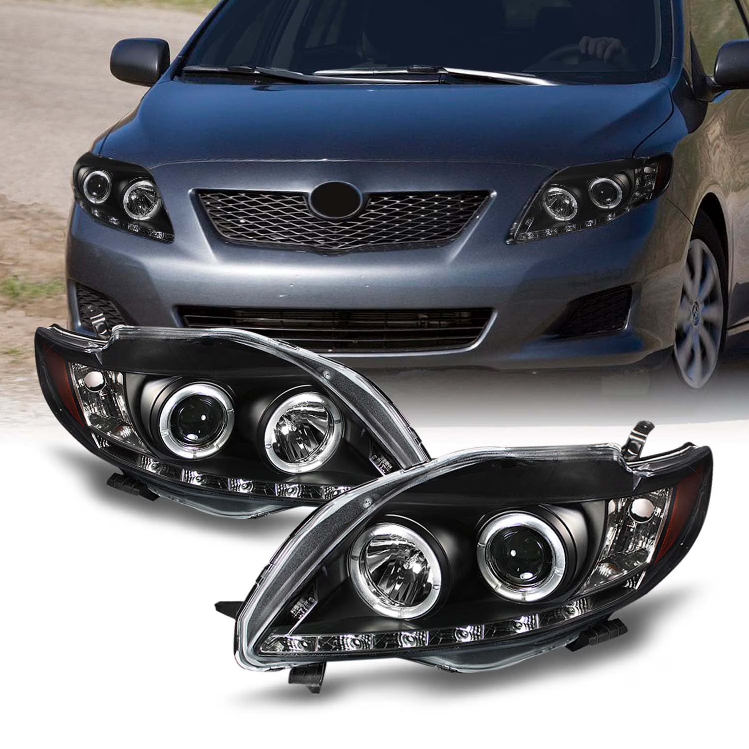 AKKON - For Toyota Corolla Black Bezel Dual Halo Ring DRL LED Strip Projector Headlights Front Lamps Replacement