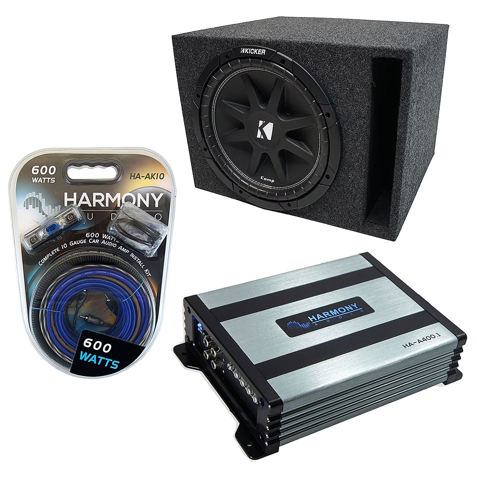 Kicker C10 Subwoofer Single 10  Ported Sub Box Enclosure Bundle W/ HA-A400.1 Amp