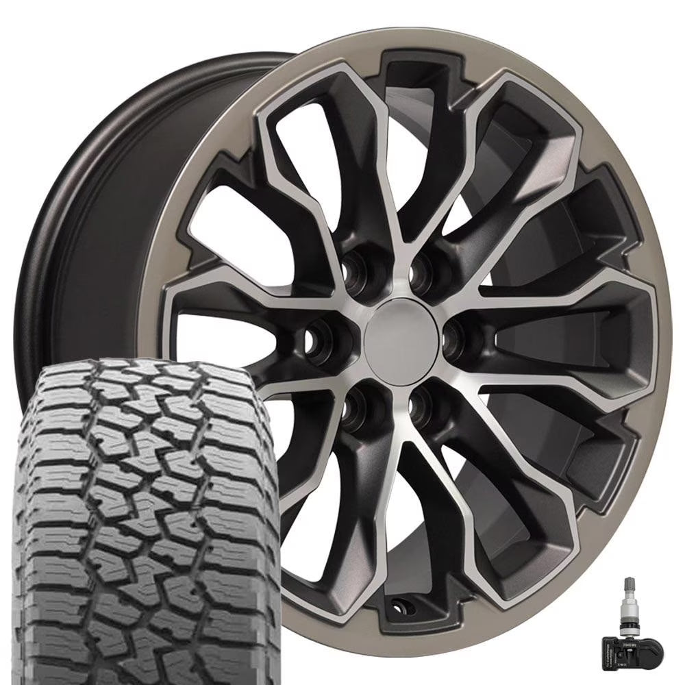 22x9.5 Wheels & Tires Fits GM Trucks - 6 Lug Deep Dish Silverado Style Satin Black with Machined Face with Chrome Inserts with Bridgestone Tires