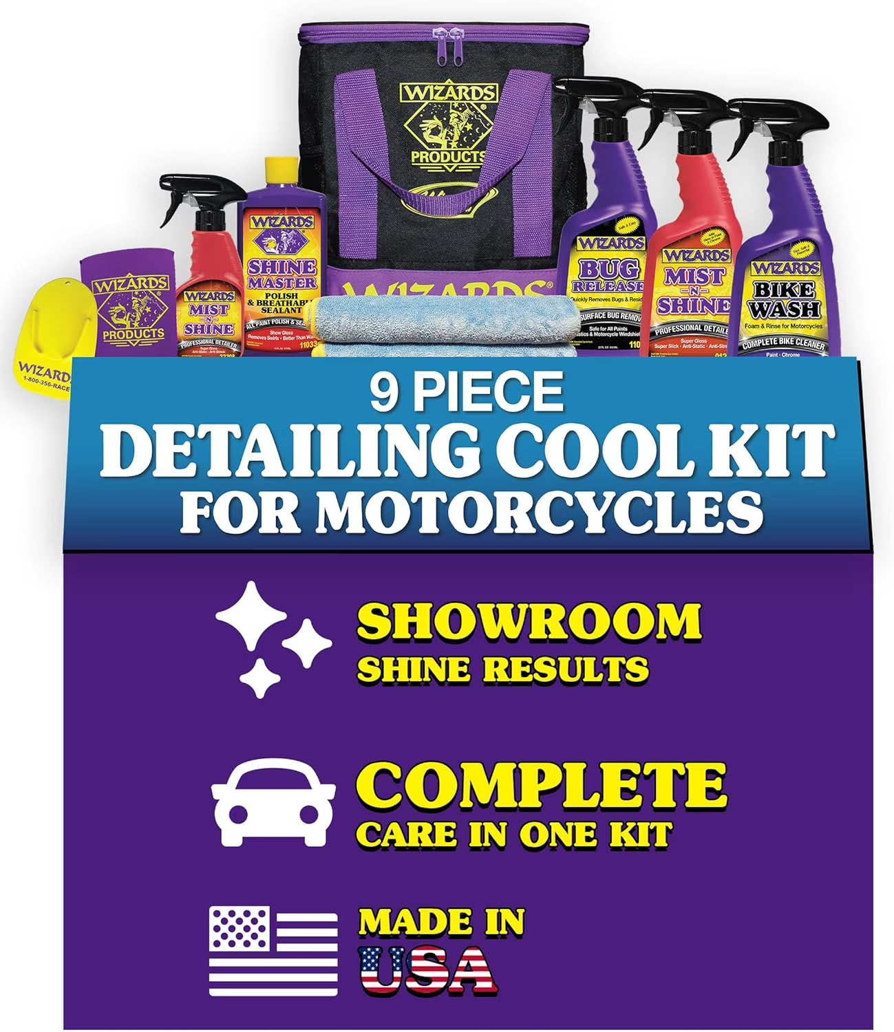 Wizards Motorcycle Cleaner Kits - 8 Piece Motorcycle Cool Kit - Saddlebag Sized Nylon Bag with Mist and Shine, Bug Release, Bike Wash, Shine Master, and Microfiber Cloth - 11 x 7 x 10.5 Inches