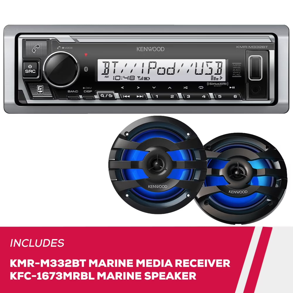 New Kenwood KMR-M332BT Marine Digital Media Receiver and KFC-1673MRBL 6.5  Speakers