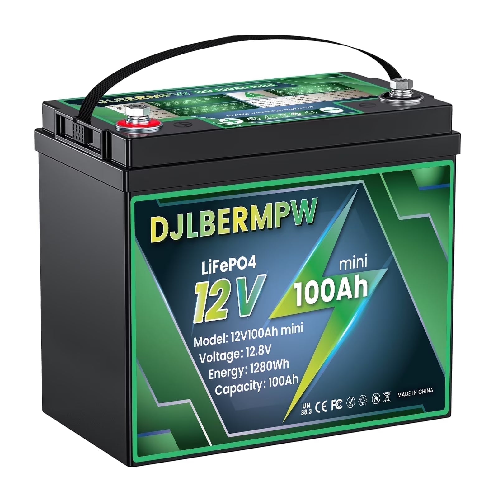 Mini Small 12V 100Ah LiFePO4 Battery, DJLBERMPW 1280Wh Lithium Battery Deep Cycle 100A BMS for RV, Marine, Solar System