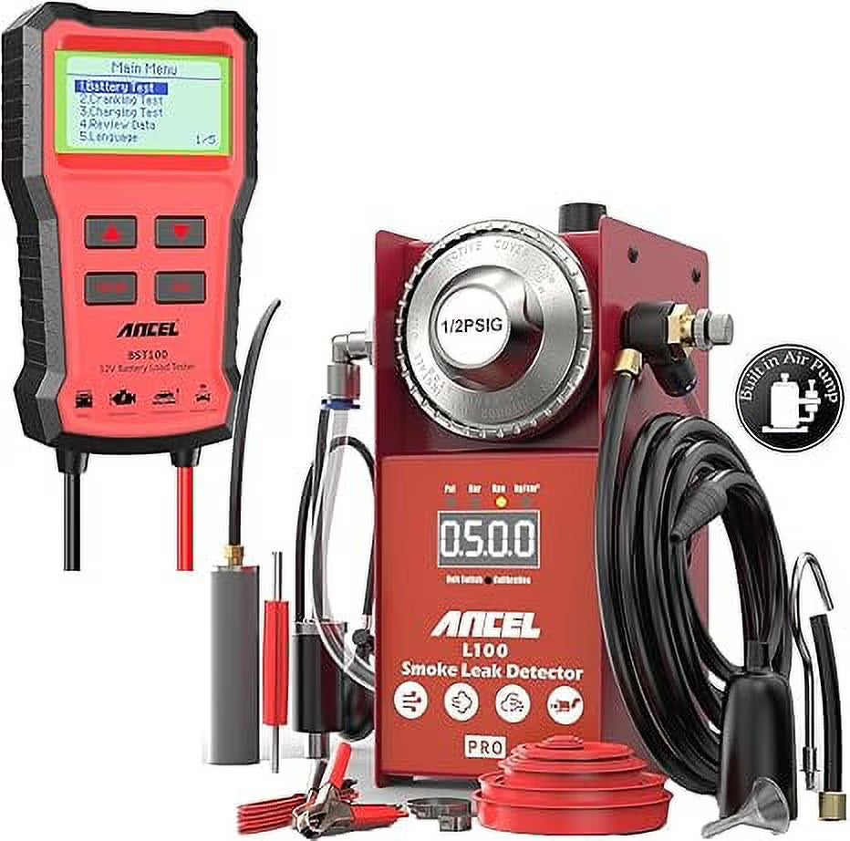 ANCEL BST100 Car Battery Tester 12V with L100 Pro Automotive Smoke Machine, EVAP Leak Detector with Built-in Air Compressor, EVAP Vacuum Fuel Leak Tester