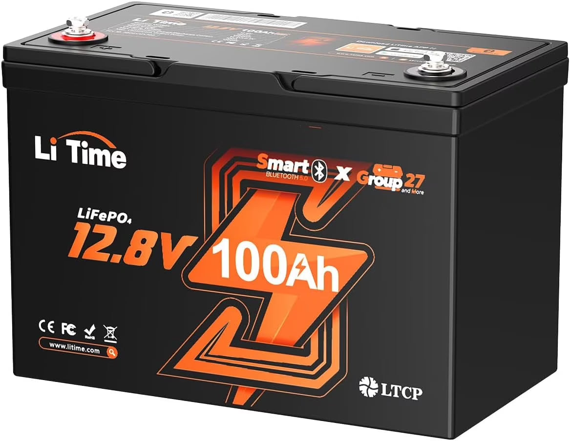 LiTime 12V 100Ah Group 27 Bluetooth LiFePO4 Battery, Lithium Battery, Built-in 100A BMS with Low-Temp Protection, Max. 15000 Cycles, Perfect for RV, Solar System, Trolling Motors