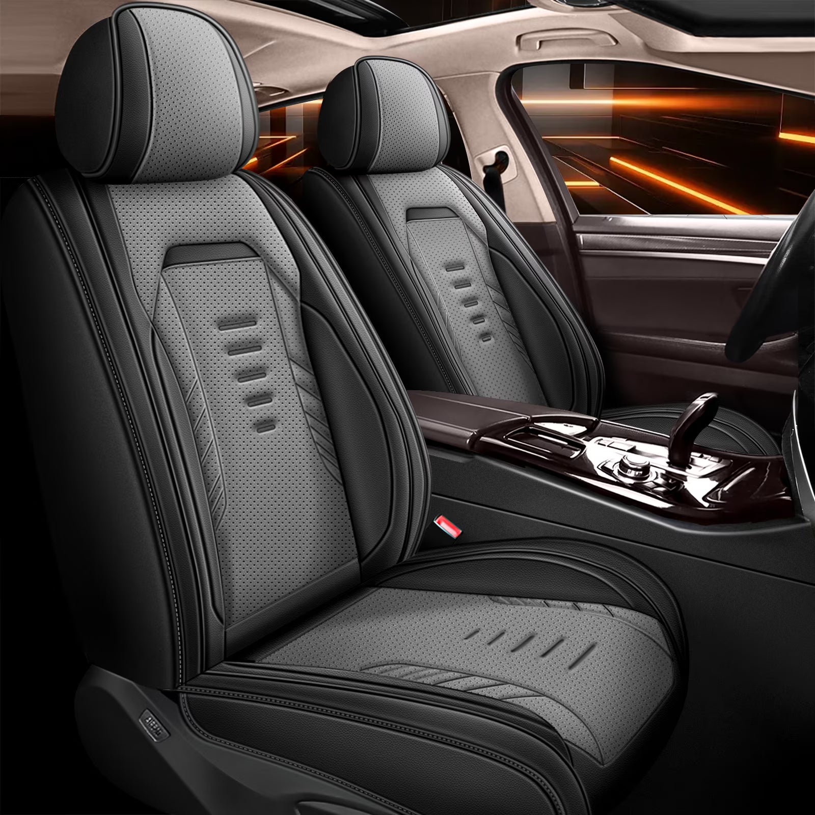 Jiamaoxin Seat Covers Compatible with Hyundai Tucson 2010-2025, Front Row Breathable Perforated Leather Car Seat Cover (Black&Grey)