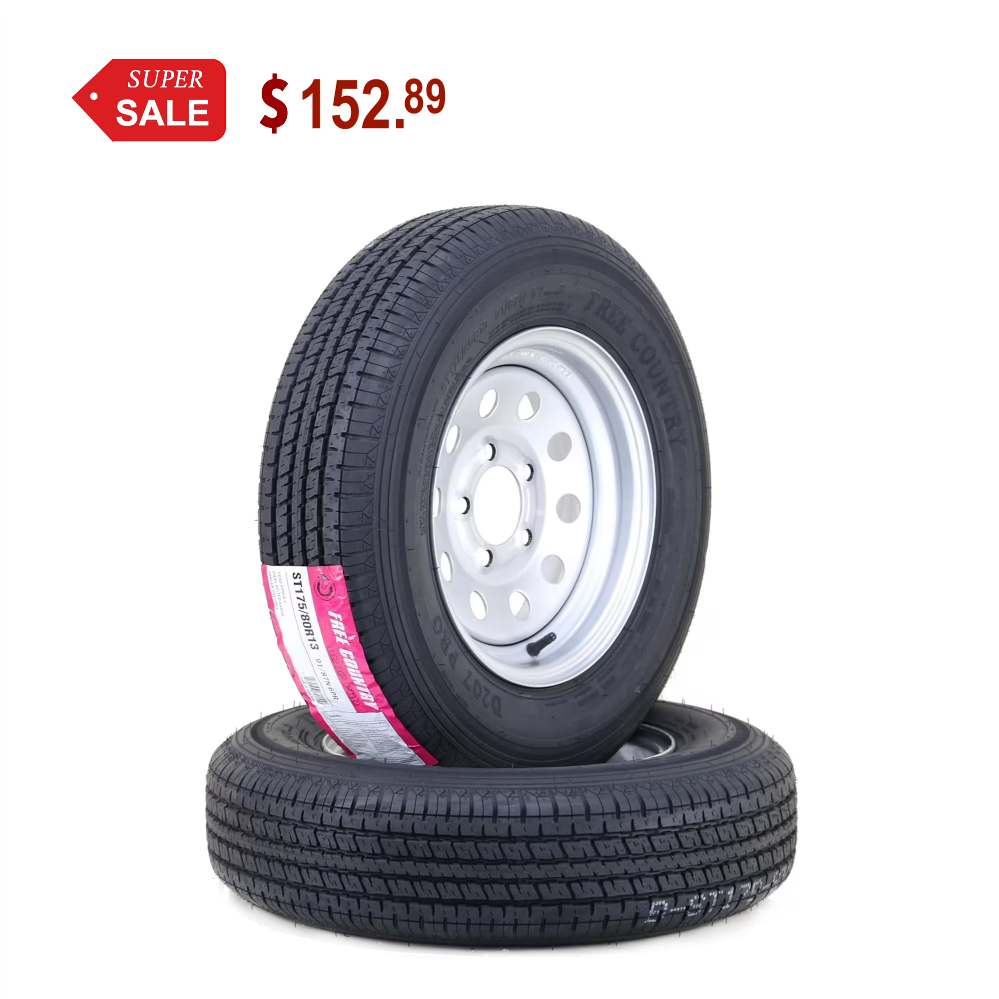 Free Country Trailer Tire Wheel Assembly ST175/80R13 6-Ply C 91M 5 Lug on 4.5  PCD White Spoke Rim ,SET 2