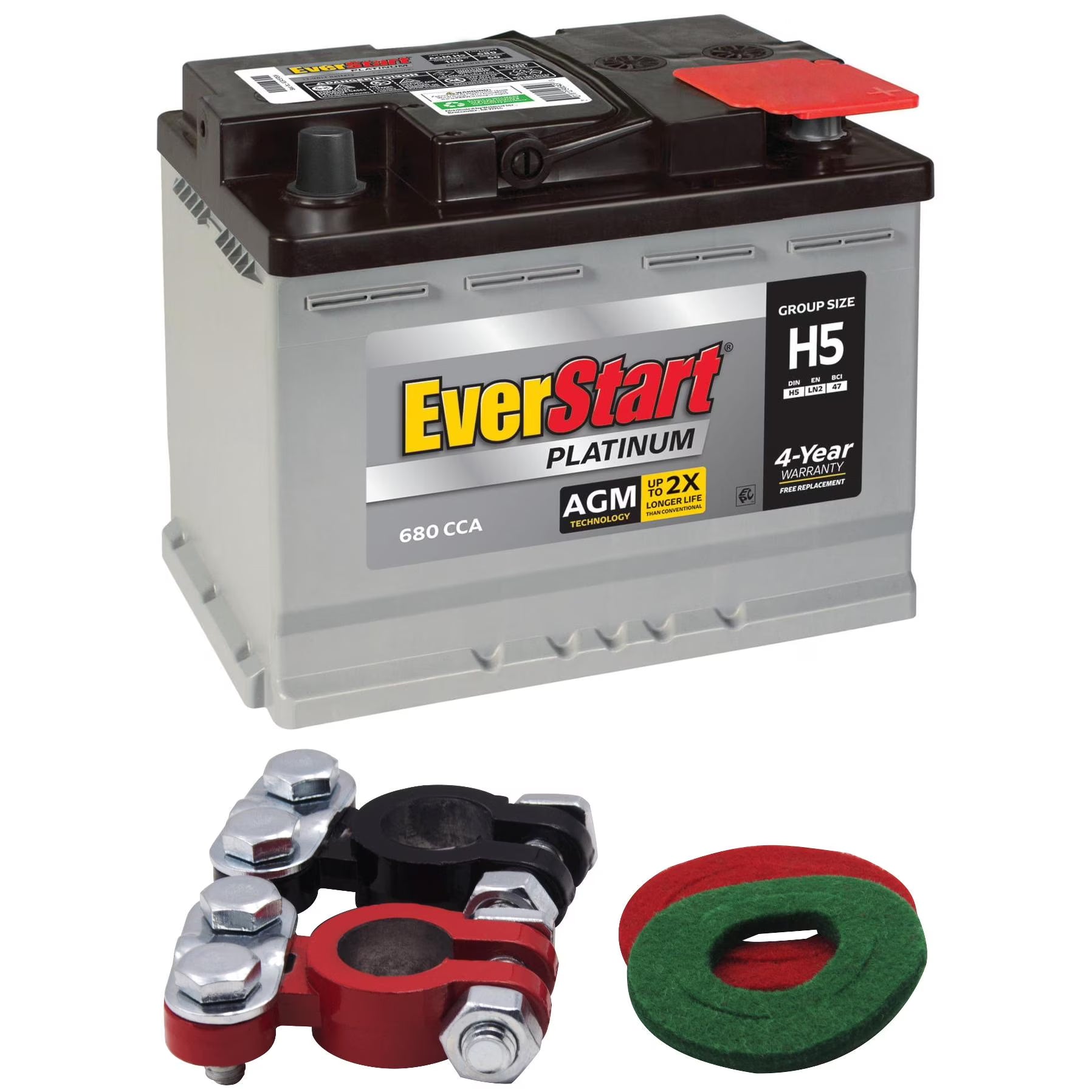 EverStart Platinum AGM Automotive Battery, Group Size H5 / LN2 / 47 12 Volt, 680 CCA 105RC with Top Post Epoxy Coated Battery Terminal