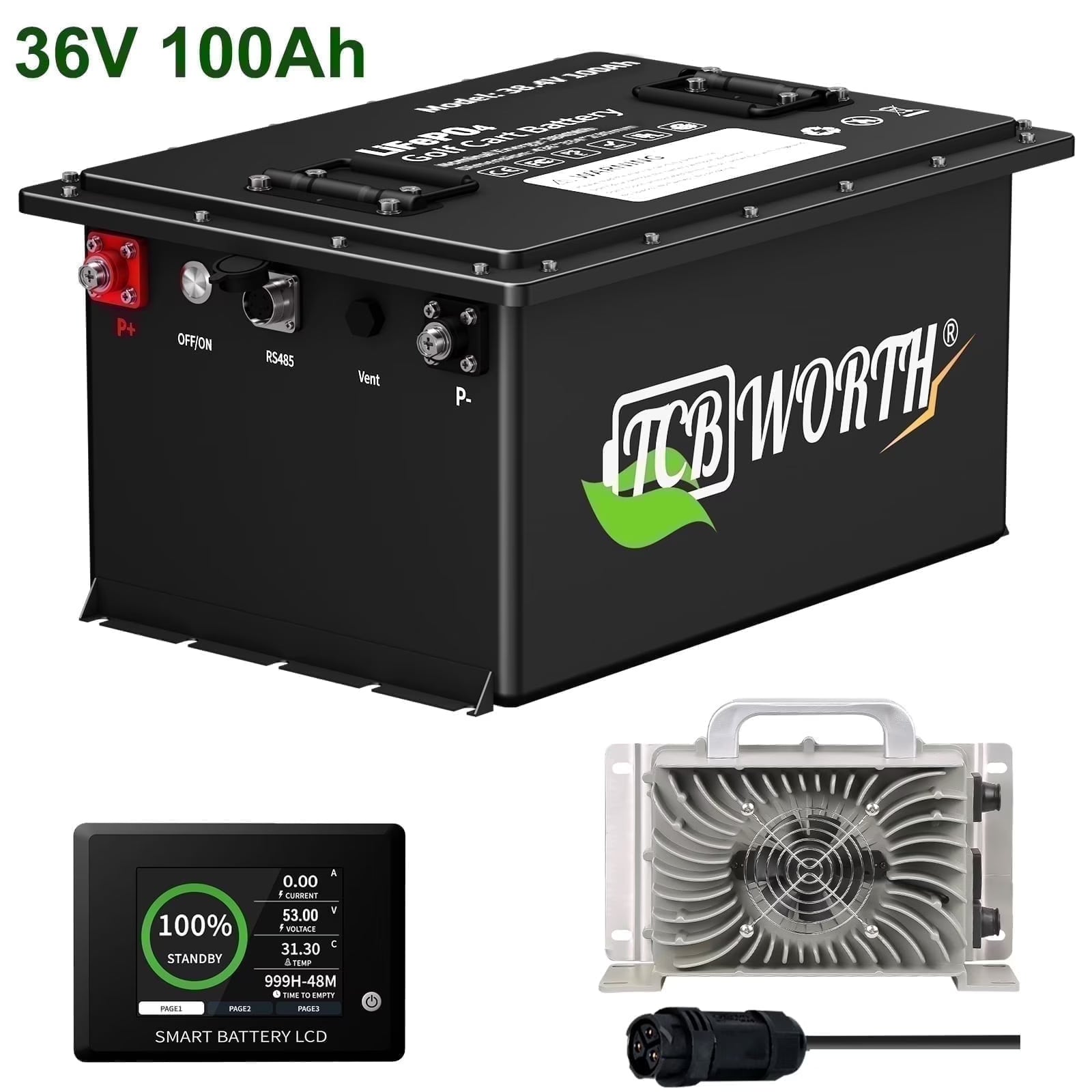36V 105AH Golf Carts Battery Bluetooth,LiFePO4 Lithium Battery with Monitor APP and 20A Charger,15000+Deep Cycles,Built in 200A BMS