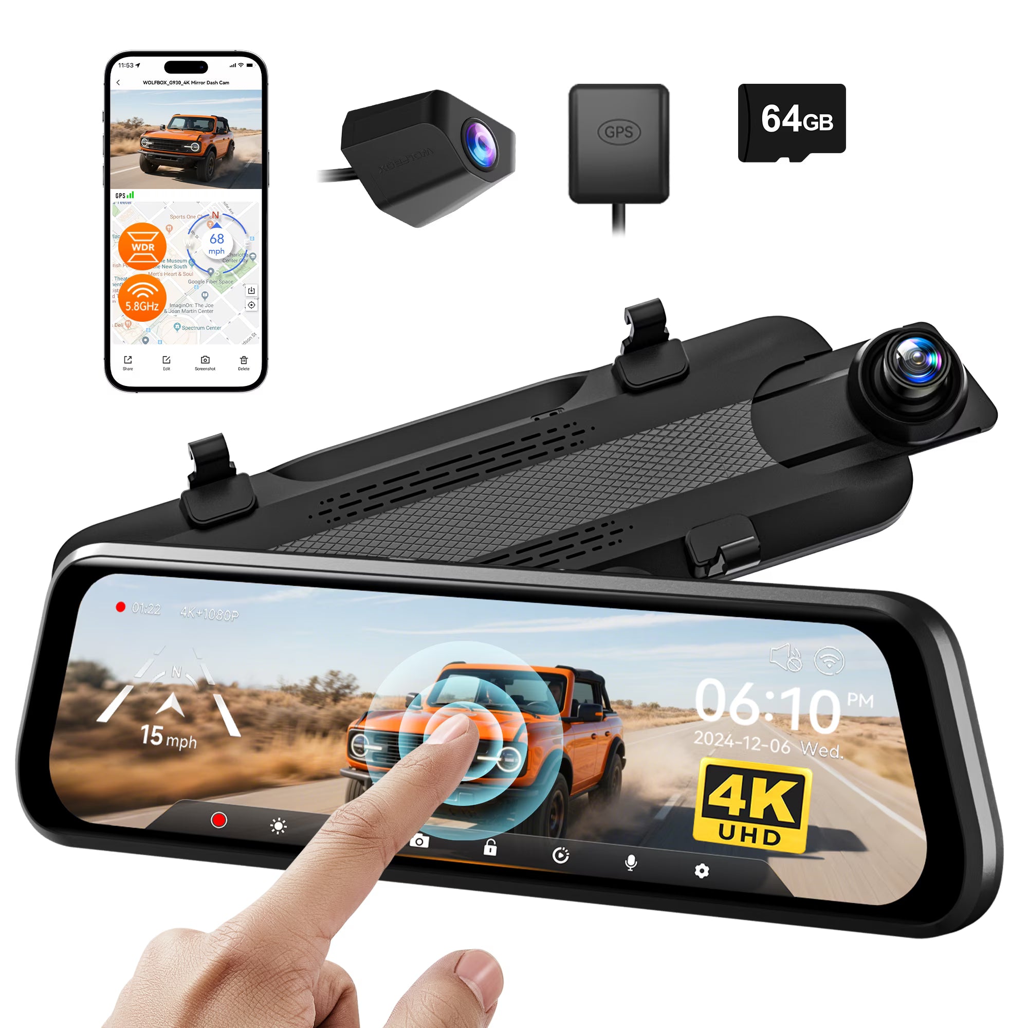 WolfBox 10  Touch Screen Dash Cam Front and Rear, 4K+1080P Rear View Mirror Backup Car Camera with Night Vision, GPS, Free 64GB Card