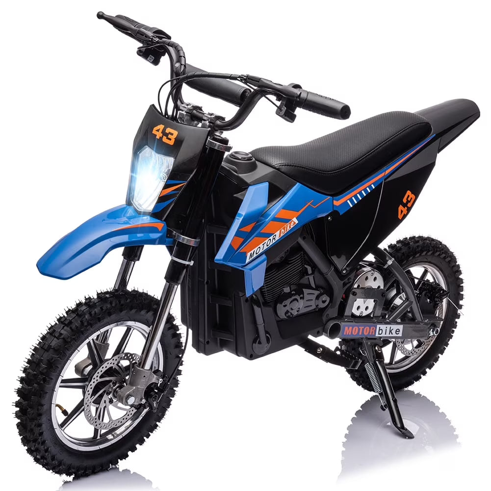 Pinypikaka 36V Electric Dirt Bike for Kids, Ride on Motorcycle 500W Brushed Motor Variable Speed to 15.5MPH w/ LED Headlight, Leather Seat,Chain-Driven for Teens Max Load 175lbs, Blue