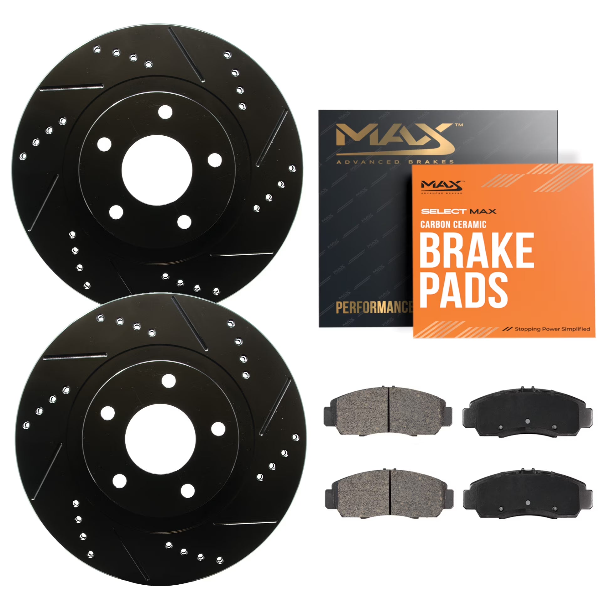 Max Advanced Brakes - Brake Kit for 2006 2007 2008 2009 2010 2011 2012 2013 2014 2015 Mazda MX-5 Miata Front Replacement Drilled Slotted Black Coated Disc Brake Rotors and Ceramic Brake Pads