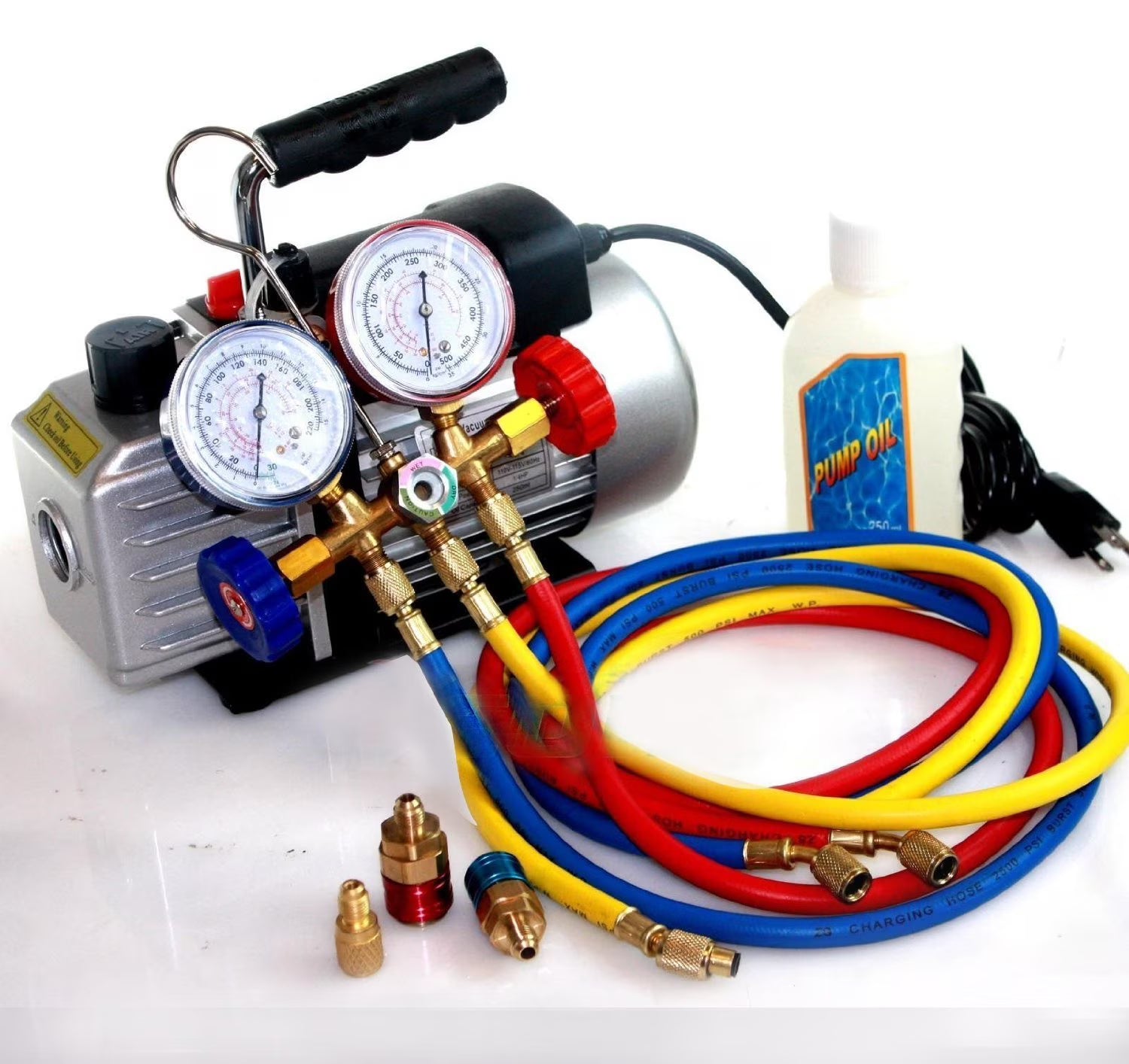 Deluxe R134a R12 R22 R502 Manifold Gauge Set & 2.5CFM Vacuum Pump 5ft HVAC Hoses by I_S IMPORT