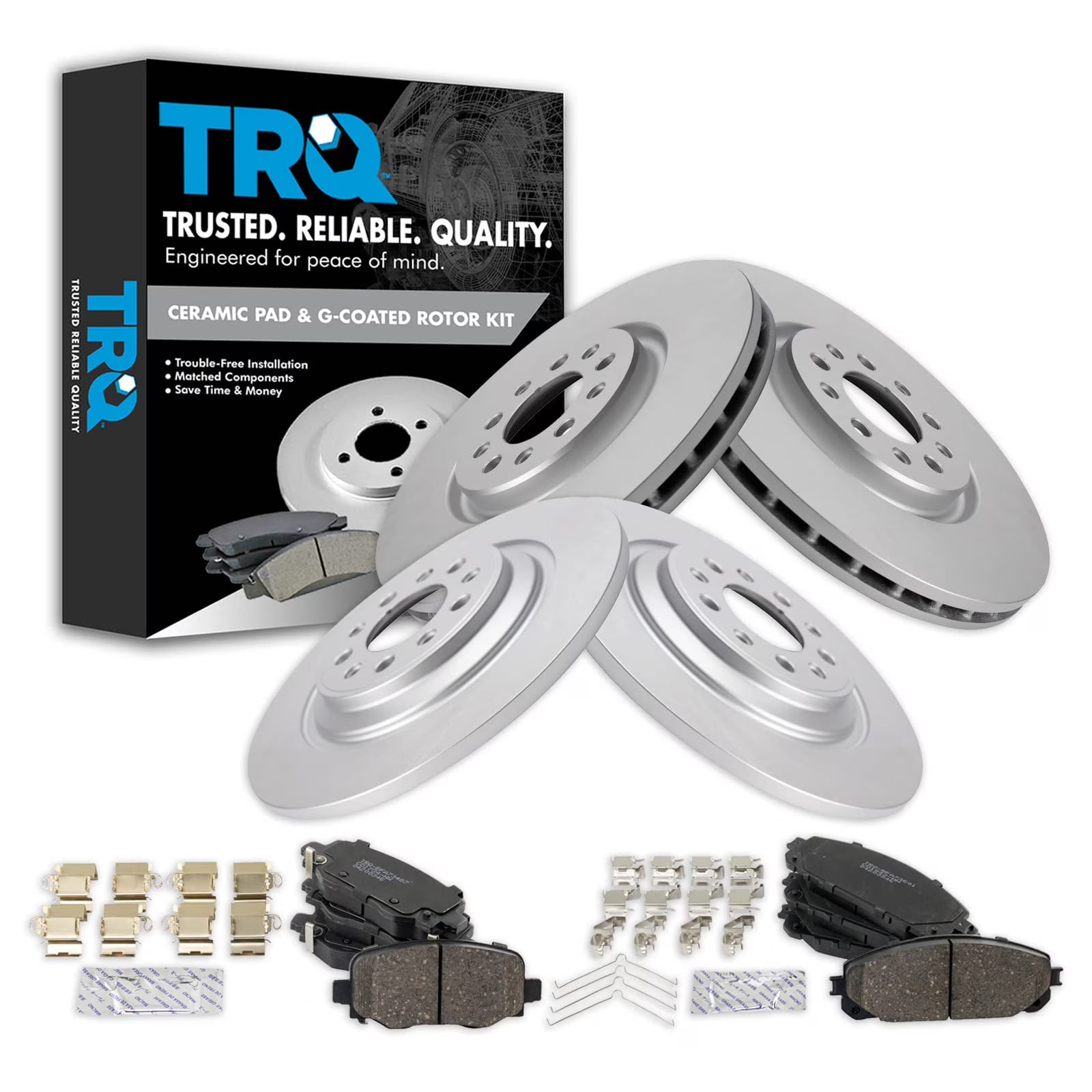 TRQ Front and Rear Brake Pad & Rotor Kit Brake Pads Brake Rotor Ceramic Premium G-Coated Fits Select 2016-2021 Jeep Cherokee
