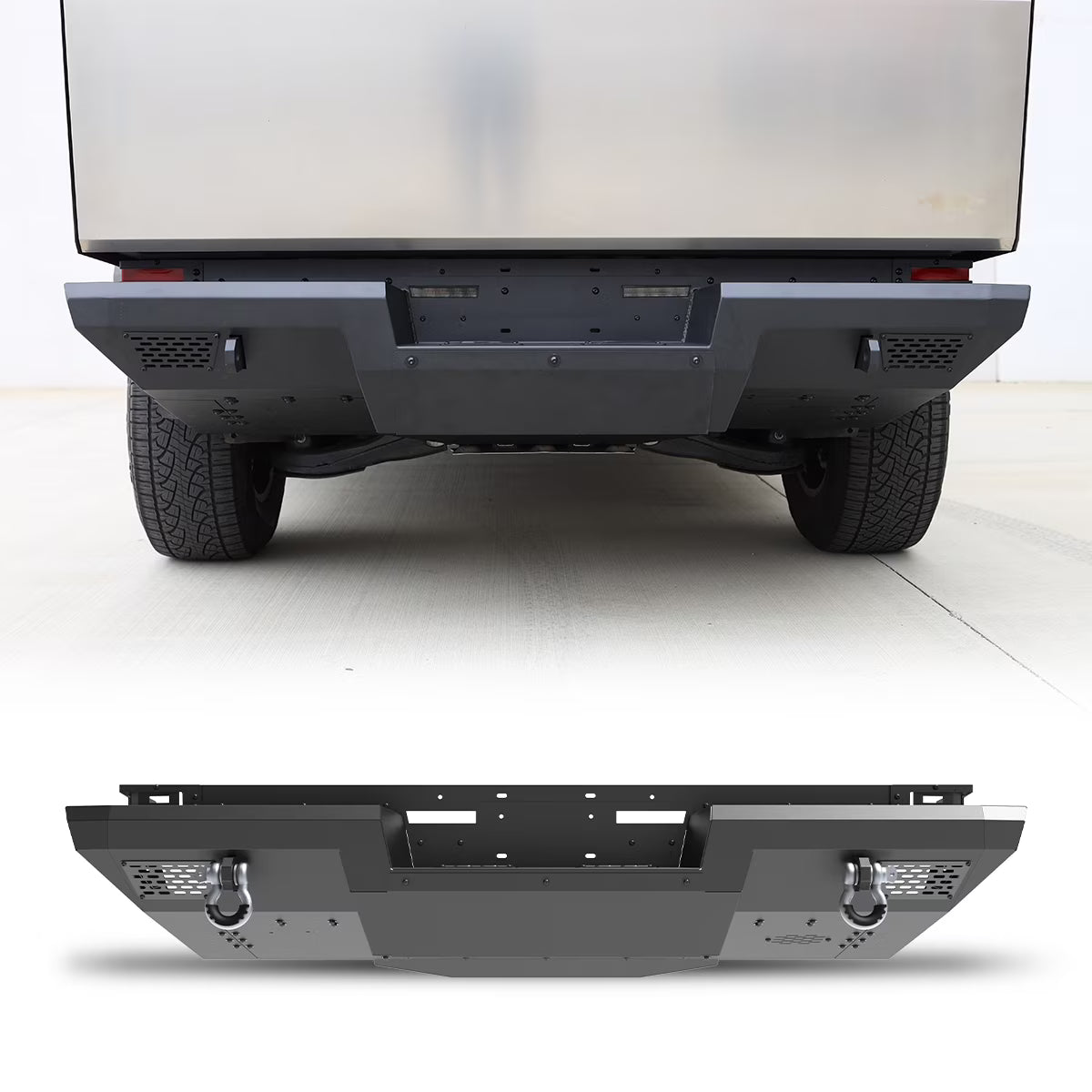 Heavy Duty Steel Rear Bumper Compatible with 2024 2025 Tesla Cybertruck,Full Width Rear Bumper with D-Rings,Pod Lights