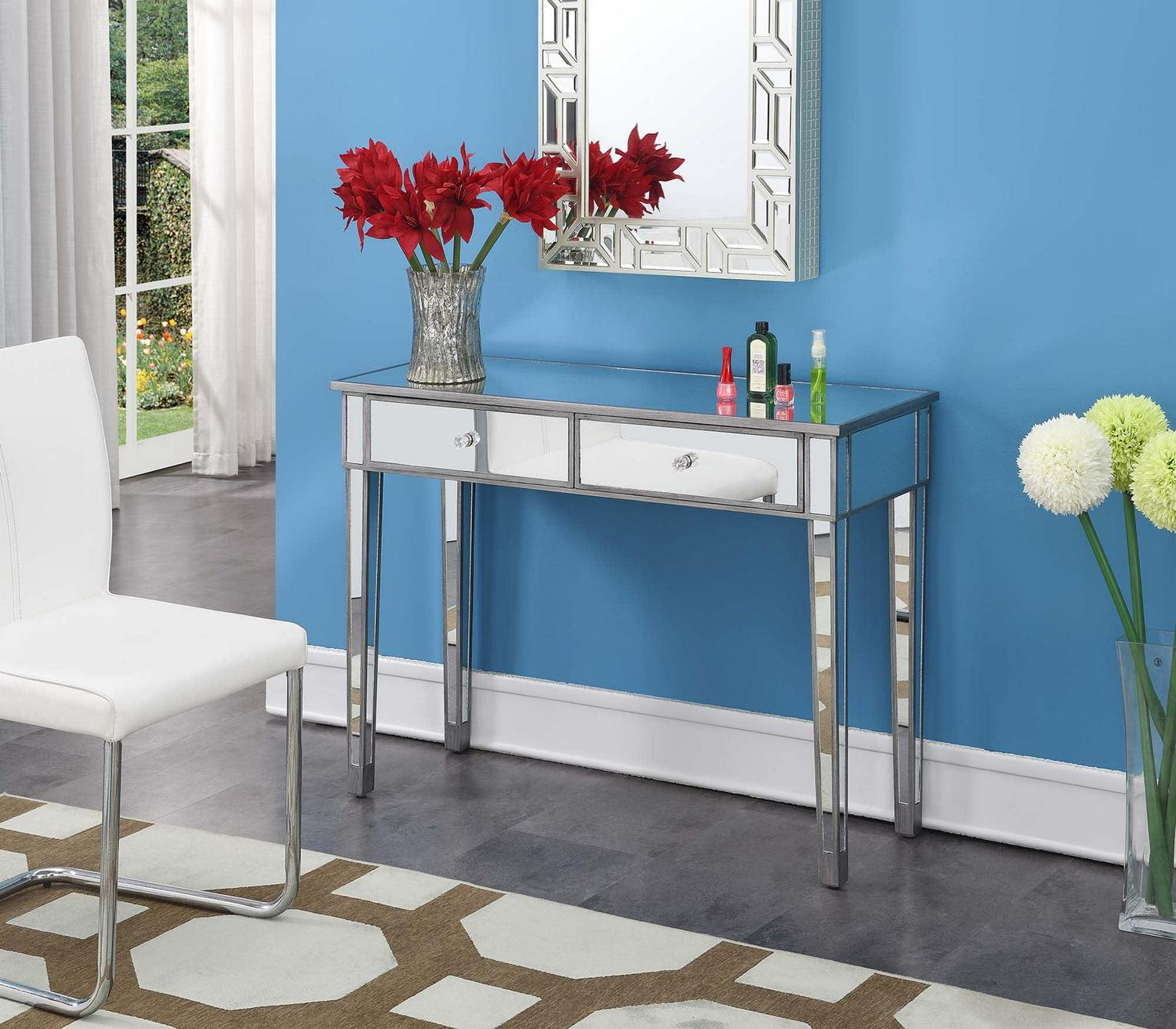 Convenience Concepts Gold Coast 30¡å Mirrored 2 Drawer Console Table. Antique Silver/Mirror. All Ages