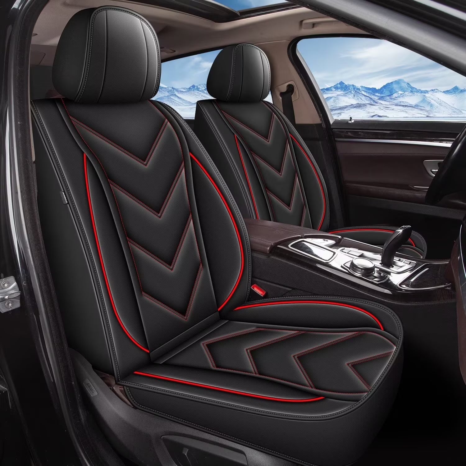 DIKSOAKR 2 Front Car Seat Covers Fit for Chevrolet Malibu 2007-2025 | Faux Leather, Waterproof, Automotive Seat Cover with Airbag Compatibility (2 Seat, Red Line)