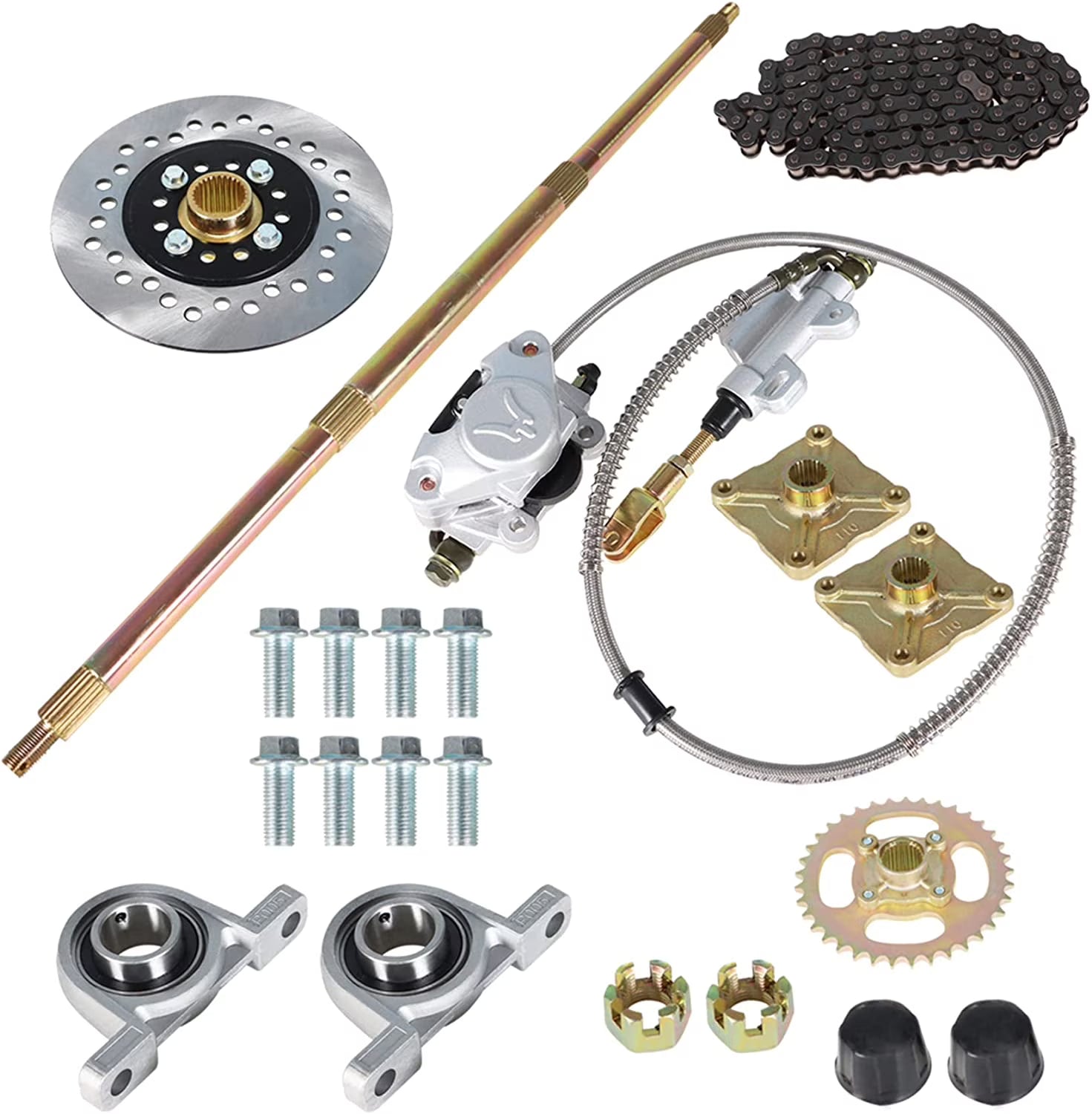 Labwork 32 Go Kart Axle Kit Alloy Rear Axle with Brake Dics +Brake Master Cylinder +Sprocket +Pillow Bearing +Chain + Hub Replacement for DIY Go Kart ATV Quad Drift Trikes