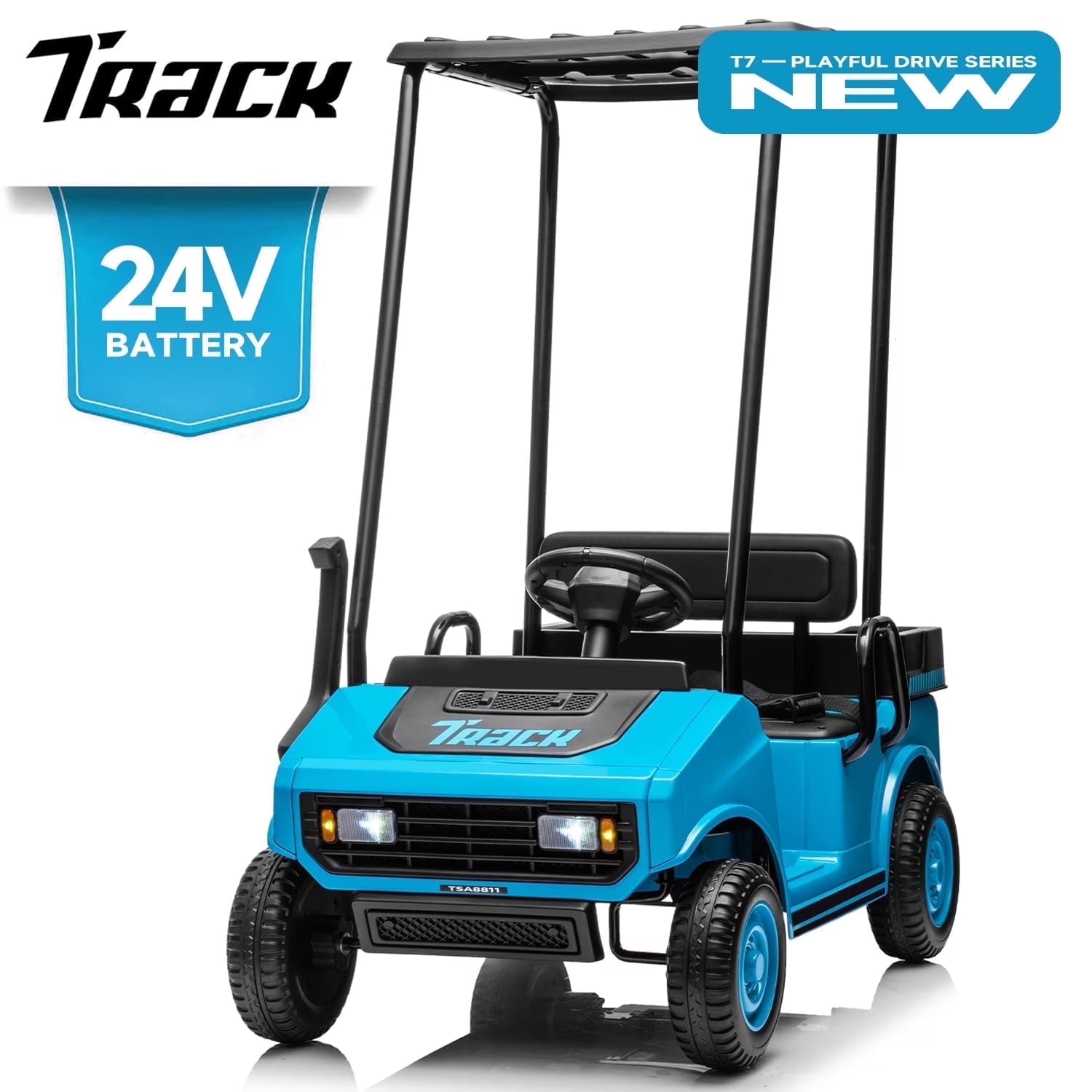 Track Seven 24V Ride on Car, Electric Golf Cart with Ceiling, Ride on Truck with Remote Control, Music, Rear Storage Box, Electric Car for Boys Girls Age 3+, 18.5  Large Seat with Armrests, Blue