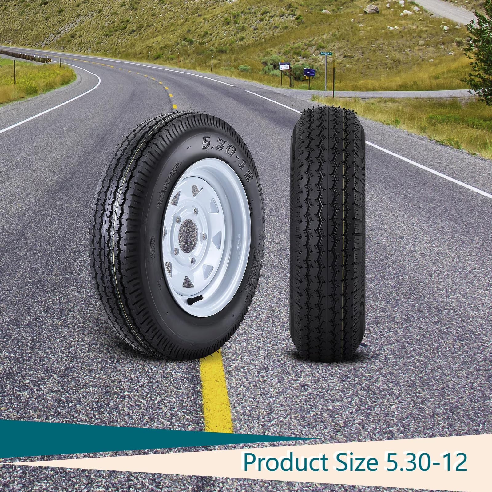 Towallmark 5.30-12 Trailer Tire, 5.30x12 6PR Heavy-Duty Tires with 12  Rim, 5 Lug On 4.5 , Load Range C for Small Trailers, Utility, Campers,2 Pack