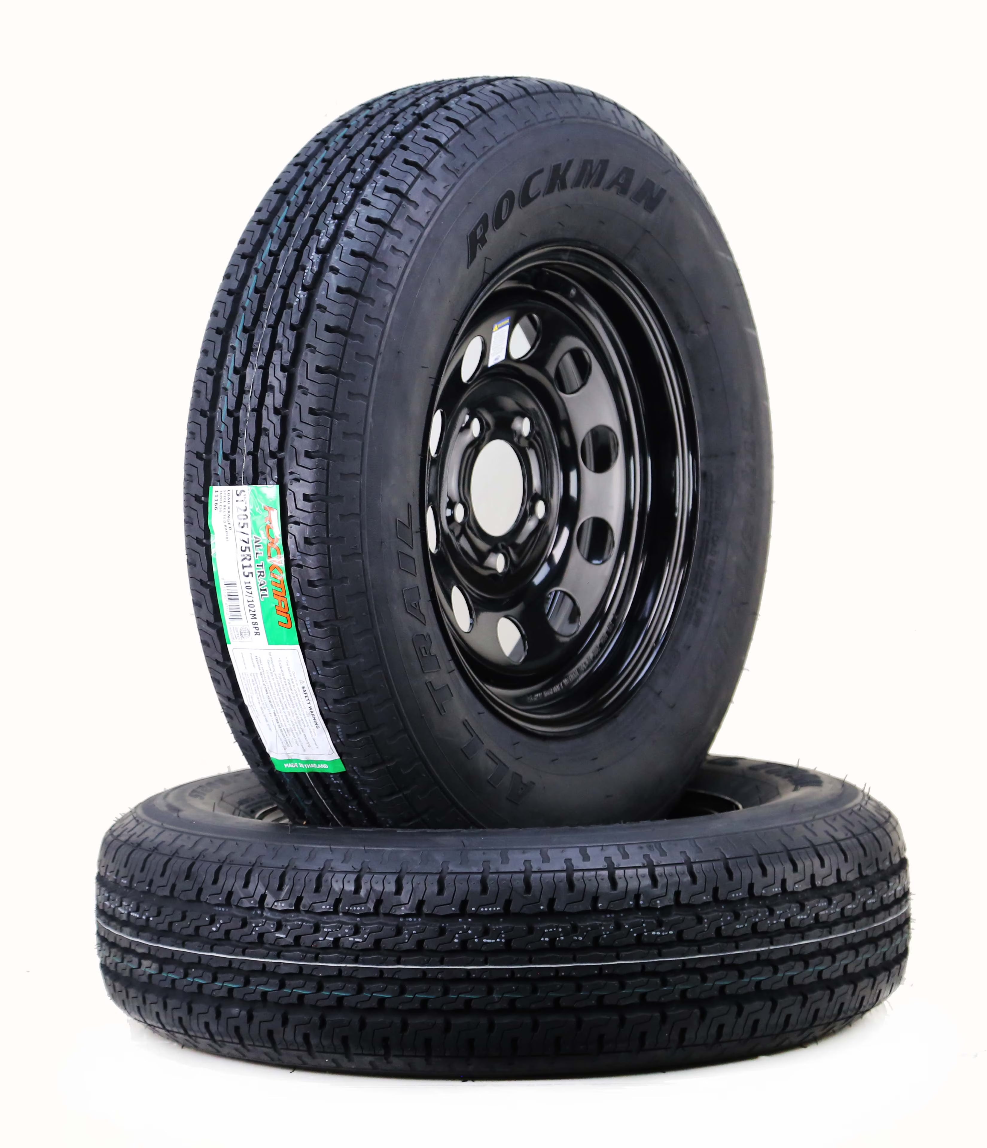 ROCKMAN Trailer Tire Wheel Assembly ST205/75R15 8-Ply D 107M 5 Lug on 4.5  PCD Black Mod Rim ,SET 2