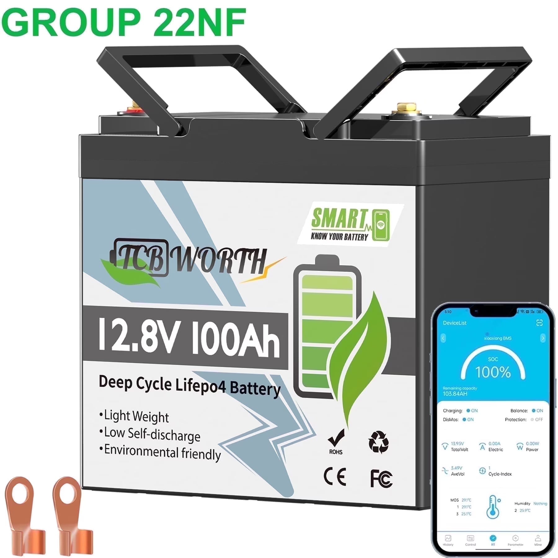 12V 100AH Mini LiFePO4 Battery Bluetooth,TCBWORTH Group 22NF Lithium Batteries for RV,Solar,Trolling Motors,Camper,Marine,Home Energy Storage,off-Grid,Smart 100A BMS,15000+Deep Cycles
