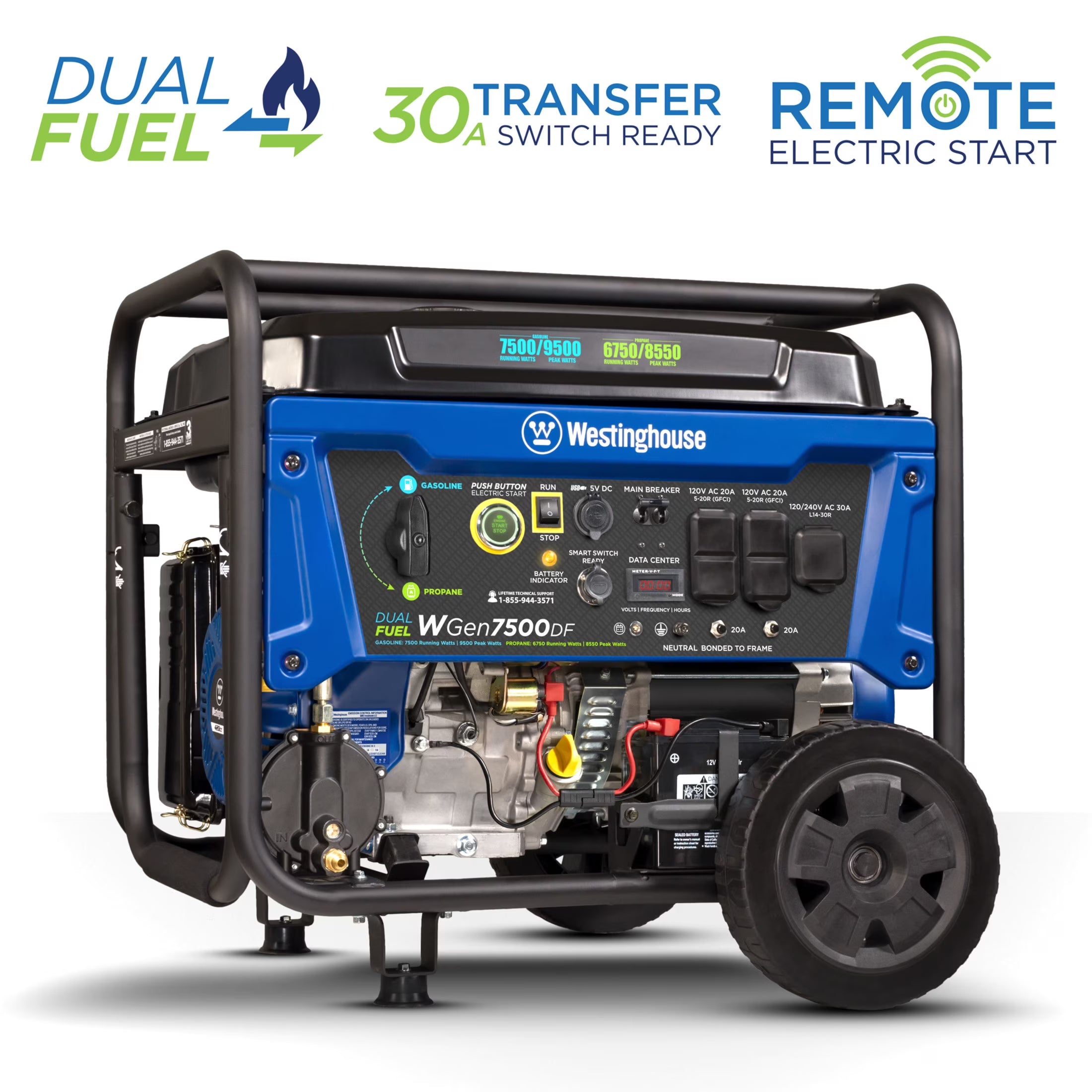 Westinghouse 9500 Peak Watt Home Backup Dual Fuel Portable Generator, Transfer Switch Ready, Gas/Propane