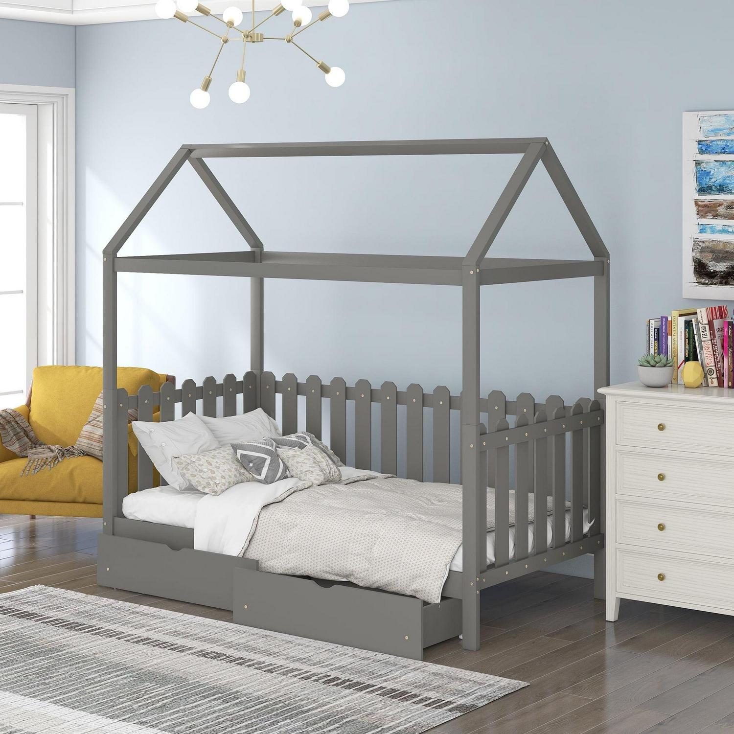Euroco Twin Size Platform Bed. House Bed with Fence for Kids. Gray