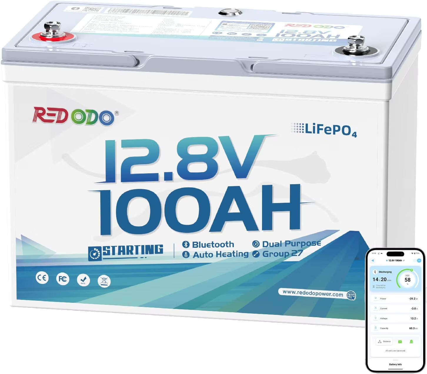 Redodo 12V 100Ah Bluetooth Dual-Purpose 900CCA Group27 Marine Battery, Starting Battery with Heating & Smart Power Retention