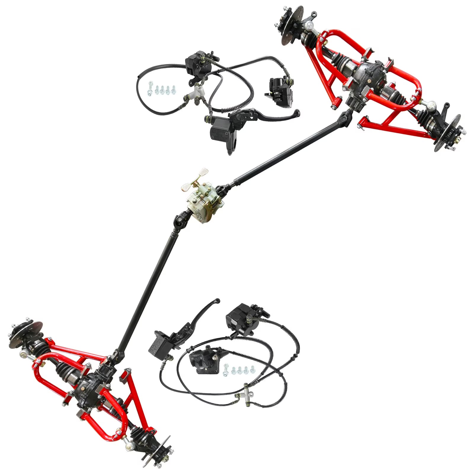 Complete Front and Rear Drive Set CV Axle Kit Shaft Assembly & Differential Transmission & Front Rear Suspension Swing Arm Swingarm Kit & Reverse Gearbox for DIY 4WD ATV Buggy Go Kart
