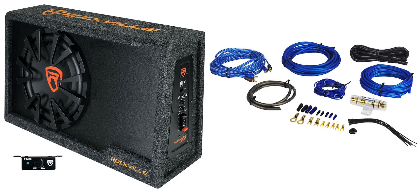 Rockville RVS12A 12  1400w Slim Vented Powered Car Subwoofer Enclosure + Amp Kit