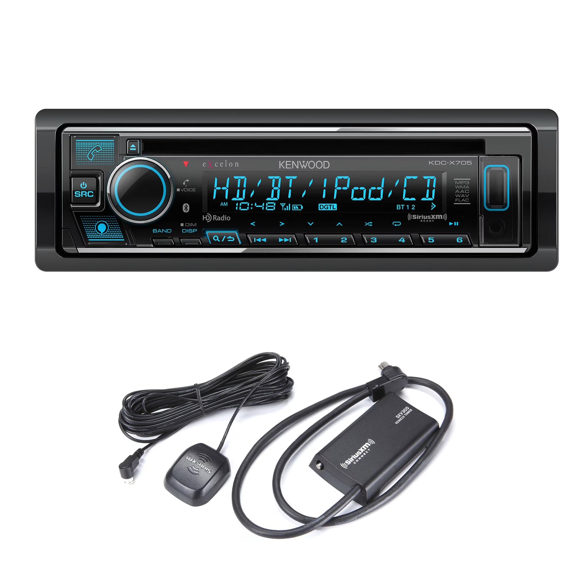 Kenwood eXcelon KDC-X705 Bluetooth HD radio Dual rear USB single DIN CD receiver with a Sirius XM SXV300v1 Connect Vehicle Tuner Kit for Satellite Radio