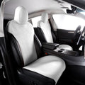 Ikon Motorsports Seat Cover Cushions Compatible With 2020-2024 Tesla Model Y 4-Door, V1 Style White Suede Leather 1st 2nd Row 5-Seat Seat Cover Cushion Protectors