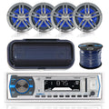 Pyle PLMRB29W Marine Boat USB/SD/MP3 Bluetooth Stereo Receiver With Waterproof Cover Bundle Combo With 4x Enrock 6.5  Inch Dual-Cone Chrome/Black Audio Coaxial Speakers + Enrock 50Ft 16g Speaker Wire
